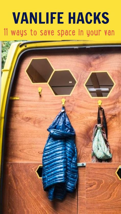 Van Life Dish Storage, Storage Ideas For Van Life, Campervan Garage Storage, Camper Van Space Saving Ideas, Small Van Storage Ideas, Van Door Storage Ideas, Caravan Hacks Space Saving, Campervan Wardrobe, Van Storage Hacks