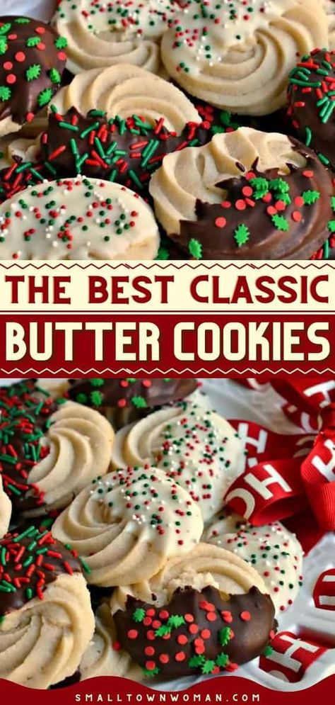 A classic addition to your Christmas cookie trays! This holiday baking recipe is one of the BEST. While these easy homemade butter cookies are already beautiful and flavorful, you can put an extra special touch! Christmas Dessert Tin Ideas, How To Make Christmas Cookie Boxes, Christmas Cookie Boxes Recipes, Cookie Tin Cookies, Christmas Cookies Butter, Holiday Dessert Box Ideas, Best Holiday Baking Recipes, Butter Christmas Cookies Recipes, Christmas Cookies Large Batch