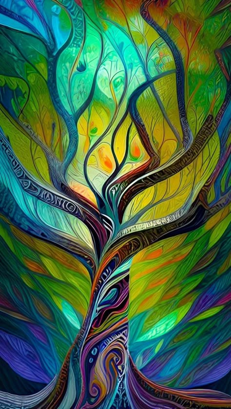 Colorful Tree Art, Abstract Trees Painting Acrylics, Tree Of Life Art Drawing, Tree Of Life Art Painting, Yarn Painting Art, Abstract Tree Of Life, Images Pop Art, Vibrant Paintings, Tree Of Life Painting