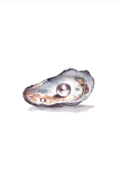 Oyster Shell With Pearl, Pearl Watercolor Painting, Oyster Shell Watercolor, Oyster With Pearl Drawing, Seashell Pearl Tattoo, Shell Watercolor Painting, Oyster Pearl Tattoo, Oyster Shell Tattoo, Pearls Drawing