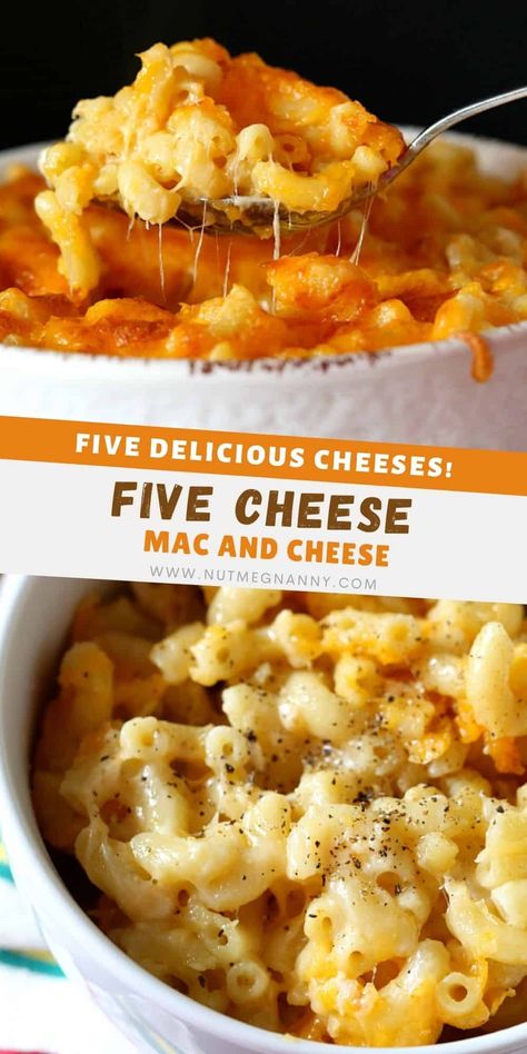 This five-cheese mac and cheese is the perfect cheesy dish! Packed with a mix of 5 kinds of cheese it's a perfect side dish or carb-loaded main course! Max And Cheese Homemade, Mixed Cheese Mac And Cheese, Six Cheese Mac And Cheese, Stringy Mac And Cheese Recipe, Dominos Mac And Cheese, Five Cheese Macaroni And Cheese, Multi Cheese Mac And Cheese, 3 Cheese Mac And Cheese Recipe, Five Cheese Mac And Cheese