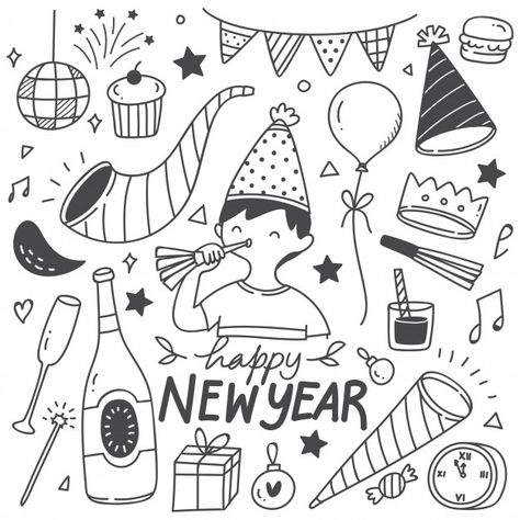 Celebration Drawings Ideas, Happy New Year Doodle Art, New Years Eve Drawing Ideas, Drawing For New Year, New Year Doodle Art, New Years Doodles, New Years Drawings, Happy New Year Card Diy, Happy New Year Doodle