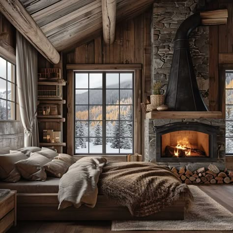 Discover the Art of Mountain Cabin Design and Interior Styling • 333+ Images • [ArtFacade] Mountain Lodge Living Room Ski, Swiss Chalet Bedroom, Mountains House Interior, Snowy Cabin Interior, Mountain Cabin Interior Design, Chalet Bedroom Ideas, Mountain Cabin Living Room, Cabin Theme Bedroom, Contemporary Cabin Interior