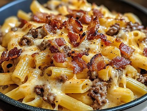 If you're a fan of hearty, indulgent meals, then Loaded Bacon Cheeseburger Pasta is about to become your go-to comfort food. Imagine all the best parts of Loaded Cheeseburger Pasta, Cheeseburger Pasta Salad, Loaded Bacon Cheeseburger Pasta, Loaded Bacon Cheeseburger Alfredo Pasta, Meals With Bacon, Recipes With Hamburger Meat, Bacon Cheeseburger Pasta, Bacon Pasta Recipes, Casserole Meals