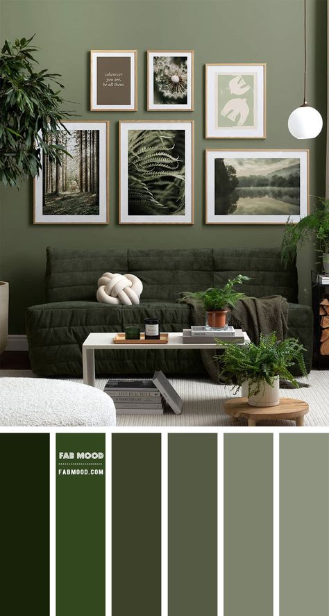 Colour Platette For Living Room, Green Wall Pallet Color Palettes, Green Shades Interior Design, Green As A Neutral, Living Room Forest Theme, Deep Green Living Room Colour Palettes, Green Natural Living Room Ideas, Colour Theme For Living Room, Mossy Green Living Room