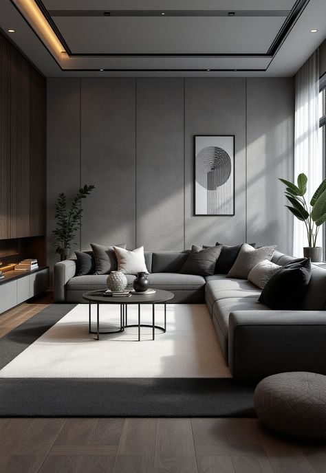 Dark Grey Couch Living Room Ideas Dark Couch Modern Living Room, Minimal Grey Living Room, Grey Couch Wall Color Ideas, Living Room Grey Couch Modern, Grey Couch Neutral Living Room, Grey Aesthetic Living Room, Dark Minimalist Living Room, Dark Grey Living Room Ideas, Grey Couch Living Room Ideas