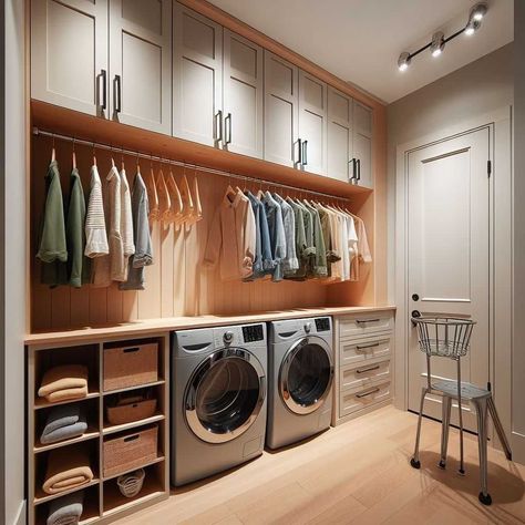 Laundry Room Ideas Two Washers, Laundry With Drying Space, Laundry Closet Combo Room Ideas, Closed Laundry Closet, Multipurpose Laundry Room Ideas, Laundry Mudroom Design, Laundry Room Deminsions, Ergonomic Laundry Room, Modern Mountain Laundry Room