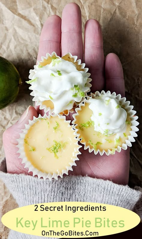 These cute mini key lime pie bites are a tangy dessert recipe.  Made with a graham cracker crust and a few simple ingredients.  Ready in under 30 minutes.  Use bottled key lime juice or fresh squeezed limes, sweetened condensed milk and eggs plus 2 secret ingredients that will bring this key lime pie recipe over the top.  OnTheGoBites.Com #summerdesserts #keylimepie