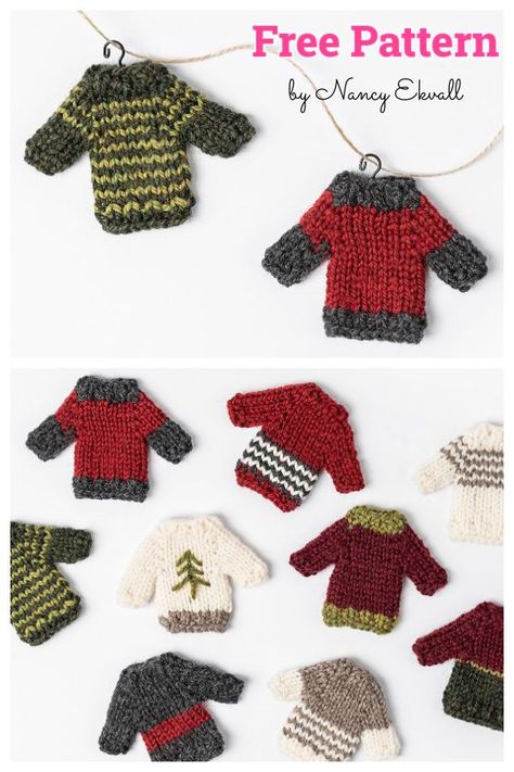 Holiday Cheer Mini Sweater Free Knitting Pattern Mini Christmas Jumper Knitting Pattern Free, Mini Sweater Knitting Pattern, Mini Sweater Pattern, Mini Crochet Sweater Ornaments, Christmas Knitting Patterns Free Jumpers, Knit Snowman Pattern Free, Miniature Knitting Patterns Free, Yarnspirations Patterns Free, Sweater Christmas Ornaments