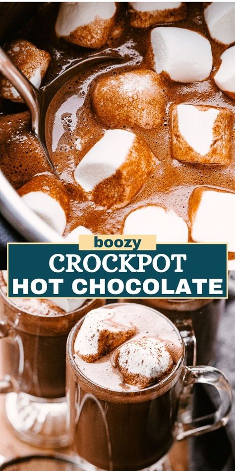 Enjoy this Spiked Crockpot Hot Chocolate, a rich, creamy, and boozy delight perfect for holiday gatherings and designed for a crowd. Crockpot Boozy Drinks, Spiked Crockpot Hot Chocolate Recipe, Crockpot Spiked Hot Chocolate, Hot Chocolate Alcoholic Drinks Easy, Crockpot Alcoholic Drinks Holidays, Alcoholic Chocolate Drinks, Alcohol Hot Chocolate Drinks, Crockpot Alcoholic Drinks, Spiked Hot Chocolate Bar