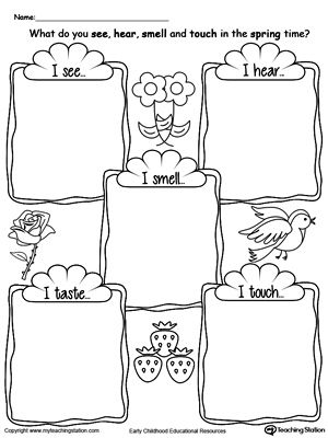 **FREE** The Five Senses in the Sprint Time Worksheet. Use the five senses in the spring time printable worksheet to encourage your child to explore the 5 senses by describing what they hear, see, touch, taste and smell during the spring time. Five Senses Kindergarten, 5 Senses Worksheet, Five Senses Worksheet, Five Senses Preschool, Preschool Activity Sheets, Senses Preschool, My Five Senses, Spring Worksheet, Senses Activities