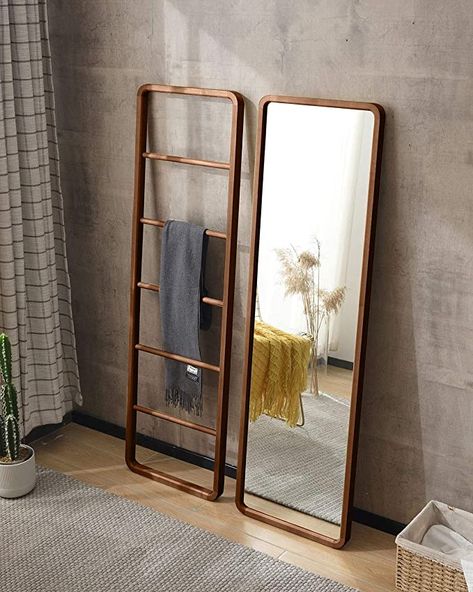 Amazon.com: TinyTimes 63"×18" Wood Framed Full Length Mirror, Floor Mirror with Stand, Beech, Rounded Corner, Rustic Mirror, Free Standing or Wall Mounted, for Bedroom, Living Room, Dressing Room - Brown: Kitchen & Dining Mirror Wall Design, Floor Mirror With Lights, Wavy Wall, Mirror Bedroom Decor, Wall Ladder, Mirror Standing, Mirror Interior Design, Mirror Floor, Full Length Mirrors