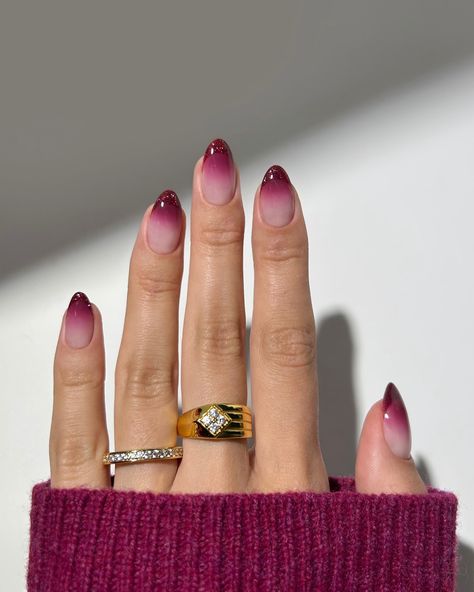 burgundy ombré + glitter tips 💄🍷🪞🩷🍇🎆✨ • colours used are ‘perfect plums’, ‘cherry wine’, ‘soya’ from @glitterbels • rings are @luvaj #nails #nailinspo #nailspo #nailart #naildesign #minimalnails #ombrenails #burgundynails #autumnnails #fallnails #winternails #nailsofinstagram Plum Colored Nails Designs, Ombre Cherry Nails, Plum Wine Nails, Cherry Ombre Nails, Gradient Red Nails, Natural Purple Nails, Burgundy Ombré Nails, Maroon Ombre Nails Burgundy, Wine Coloured Nails