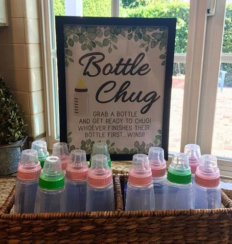 Coed Baby Shower Ideas & Fun Couple Shower Games – Baby Shower Ideas 4U Baby Shower Prizes For Games, Co Ed Baby Shower Games, Bottle Chug, Abc Game, Baby Shower Game Ideas, Diaper Party, Bebe Shower, Idee Babyshower, Baby Shower Party Games