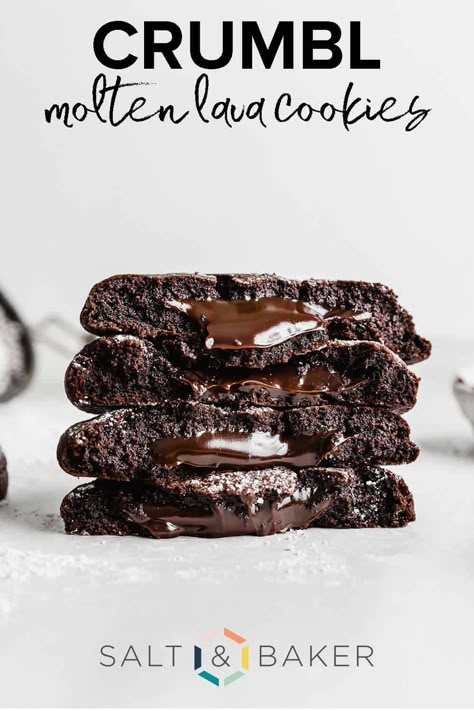 Crumbl Molten Lava Cookies, Lava Cake Cookie Recipe, Gooey Chocolate Lava Cookies, Vanilla Hot Chocolate Molten Cookies, Crave Cookie Recipe, Hot Fudge Cookies, Fudge Stuffed Cookies, Chocolate Lava Cookies Recipes, Molten Lava Brownies