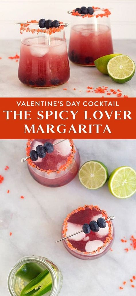 Bottoms up with this Valentine's Day cocktail recipe! Click to make our Spicy Lover Margarita for your Valentine or your Galentines. It's an easy recipe perfect to make in a large batch for a party, or for a romantic evening for two. Valentine Drinks Tequila, Galentines Party Snacks Savory, Valentine’s Day Cocktails Tequila, Valentine Drinks Alcoholic Tequila, Valentines Batch Cocktail, Valentines Day Margarita, Valentine’s Day Margarita, Valentines Margaritas, Valentine Margarita