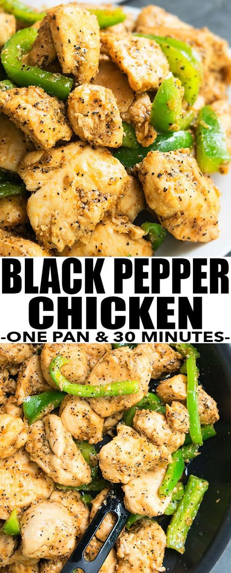 Quick and easy BLACK PEPPER CHICKEN recipe, made with simple ingredients. This Chinese black pepper chicken is a one pot dinner idea and 30 minute meal. From cakewhiz.com Easy Black Pepper Chicken, Black Pepper Chicken Recipe, Pepper Chicken Recipe, Black Pepper Chicken, Recipes With Chicken And Peppers, Meat Recipes For Dinner, Diy Easy Recipes, One Pot Dinner, Pepper Chicken