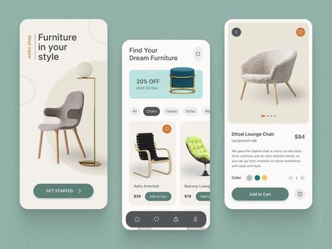 Mobile App - Furniture Ecommerce App by koka lolishvili on Dribbble Furniture App Design, Ecommerce App, Mobile Application Design, Mobile App Design Inspiration, Furniture Website, Ecommerce Design, App Design Inspiration, Mobile App Ui, Application Design