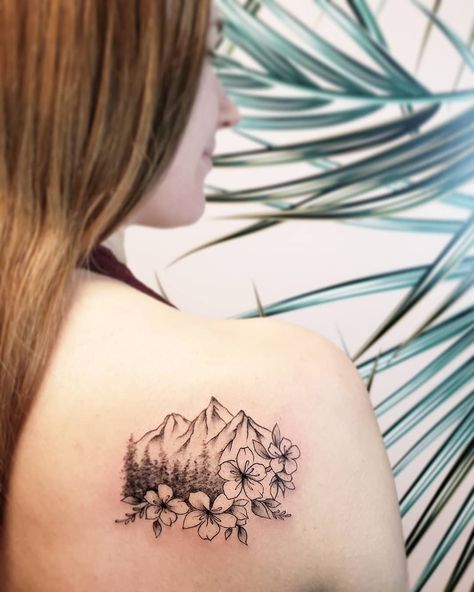 Fine line mountain scenery tattoo with cherry blossoms done by Vancouver tattoo artist Jamie Kan Mt Mckinley Tattoo, Mountains On Collar Bone Tattoo, Mountain And Birth Flower Tattoo, Mountain And Stream Tattoo, Mountain Skiing Tattoo, Mountain And Waterfall Tattoo, Girly Mountain Tattoo, Mt St Helens Tattoo, Wildflower Mountain Tattoo