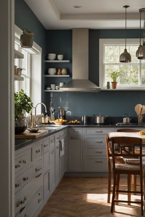 color schemes, interior design, kitchen decor, focal point Blue Wall In Kitchen, Teal Walls Kitchen, Blue Walled Kitchen, Blue Kitchen Ideas Walls, Blue Paint For Kitchen Walls, Soft Blue Kitchen Walls, Blue Walls In Kitchen, Blue Kitchen Walls Dark Wood Cabinets, Blue Wall Kitchen