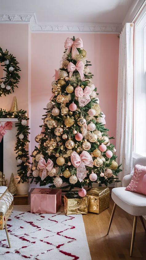 Pink Gold Tree Christmas, Pink Christmas Tree With Gold Ornaments, Pink Green And Red Christmas Tree, Pink Silver Gold Christmas Tree, Pink Themed Christmas Tree Ideas, Pink And Green Tree Christmas, Red Pink Gold Christmas Tree, Pink Green White Christmas Tree, Blush And Champagne Christmas Tree