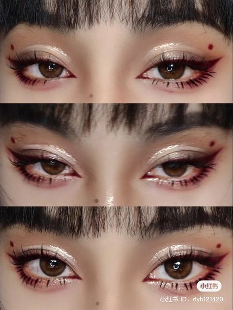 Xiaohongshu chinese makeup style aesthetic douyin Halloween Chinese Makeup, Red Eyeshadow Douyin, Dark Red Douyin Makeup, Xiaohongshu Makeup Dark, Red Alternative Makeup, Fall Douyin Makeup, Red And Black Douyin Makeup, Xiangshu Makeup, Douyin Goth Makeup