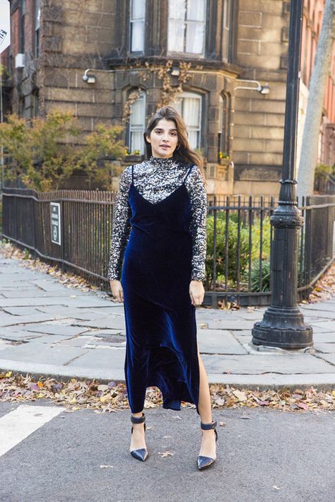 Fall Velvet Dress, Blue Slip Dress Outfit Winter, Velvet Slip Dress Outfit Winter, Blue Velvet Top Outfit, Blue Slip Dress Outfit, Velvet Dress Outfit Casual, Velvet Slip Dress Outfit, Velvet Dress With Jacket, Blue Velvet Dress Outfit