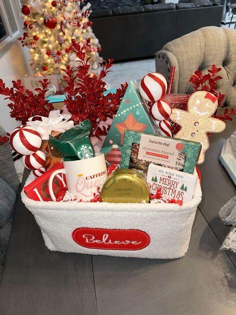 Christmas Gift For School Friends, Wrapped Baskets Gift, Teacher Burr Basket Ideas, Christmas Gift Basket Ideas Diy, Christmas Theme Basket, Jolly Basket Ideas, Christmas Gift Basket Ideas For Work, Xmas Baskets Ideas Diy Gifts, Boo Basket Christmas