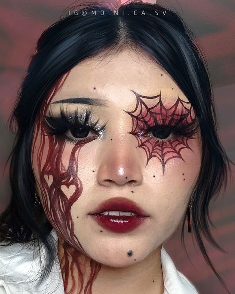 Howlloen Makeup, Heartbreak Makeup Looks, Halloween Makeup With Red Hair, Red Hearts Makeup, Red Creative Makeup, Halloween Makeup Looks 2023, Red Halloween Makeup Looks, Spider Halloween Costume Women, Red Makeup Halloween