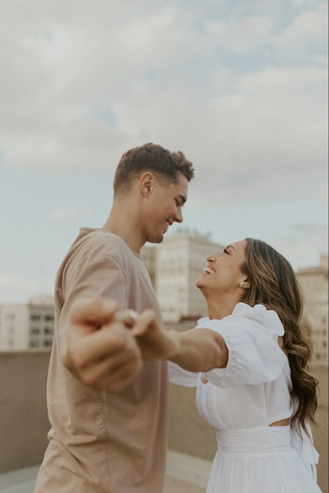 Rooftop City Photoshoot, Rooftop Deck Photoshoot, City Vibes Engagement Pictures, Downtown Rooftop Engagement Photos, Couples Photoshoot Rooftop, Rooftop Parking Garage Engagement Photos, Rooftop Couples Session, Fun Couple Photoshoot Ideas, Indiana Engagement Photos