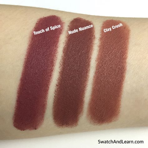 Maybelline Creamy Matte Lipstick in Touch of Spice compared to the new limited-edition shades, Nude Nuance and Clay Crush. Maybelline Creamy Matte Lipstick, Lipstick Guide, Maybelline Cosmetics, Maybelline Lipstick, Touch Of Spice, Lipstick Kit, Beautiful Lipstick, Pinterest Makeup, Lip Swatches