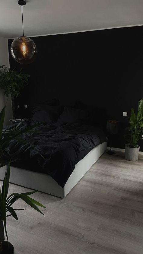 Dark Black Bedroom Aesthetic, Mens Bedroom Aesthetic Dark, Black Walls Room Aesthetic, Cozy Black Bedroom Aesthetic, Black Room Minimalist, Black Earthy Room Aesthetic, Modern Black And Wood Bedroom, Men’s Black Bedroom, Earthy Black Bedroom