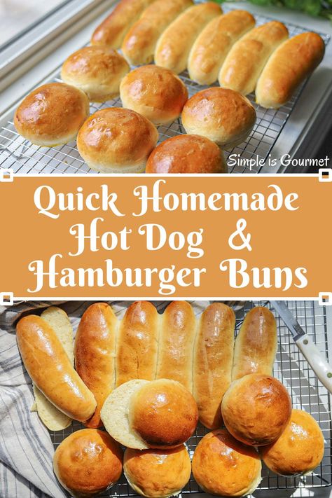 Quick Homemade Hot Dog and Hamburger Buns - Simple is Gourmet Egg Free Hamburger Buns, Homemade Hamburger Buns Small Batch, Homemade Hot Dog Buns Easy, Homemade Hot Dog Buns, Gourmet Thanksgiving, Hot Dog Buns Recipe, Homemade Hot Dogs, Breads Recipes, Homestead Recipes