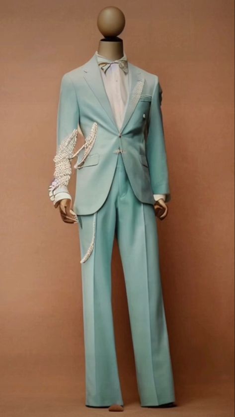 Creative Prom Outfits, Unusual Suits Men, Unique Suits For Men Prom, Mermaid Inspired Outfits Men, Unique Formal Outfits For Men, Met Gala Inspired Outfits Men, Couture Suits Men, All White Prom Suit, Water Themed Outfits Male