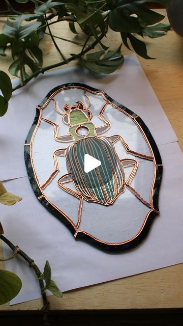 Art Nouveau Beetle, Cicada Stained Glass Pattern, Bug Stained Glass Pattern, Stained Glass Beetle, Stained Glass Eye, Stained Glass Mirror, Stain Glass Ideas, Glass Window Art, Stained Glass Decor