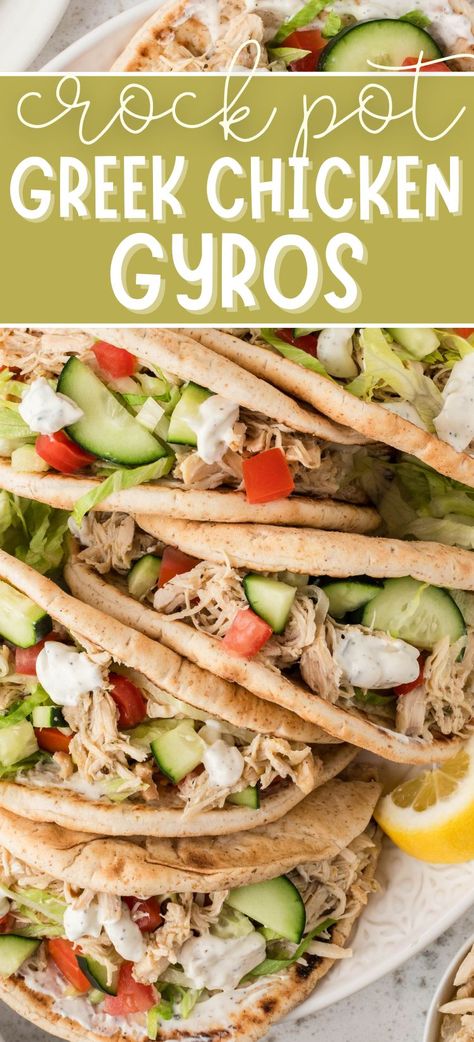 Greek Chicken Gyros are a new favorite meal at my house - this dump & go crockpot version of classic chicken gyros is made with greek seasoned tender chicken that's piled onto warm pita bread, and then topped with fresh veggies and lots of tangy creamy tzatziki sauce. The combination of flavors is out of this world! Low Carb Dinner Ideas Crock Pots, Shredded Greek Chicken Crockpot, Food With Pita Bread, Shredded Chicken Gyros, Greek Pulled Chicken, Chicken Gyro Crockpot Recipe, Slow Cooker Recipes Greek, Dinners With Pita Bread, Crockpot Gyros Chicken