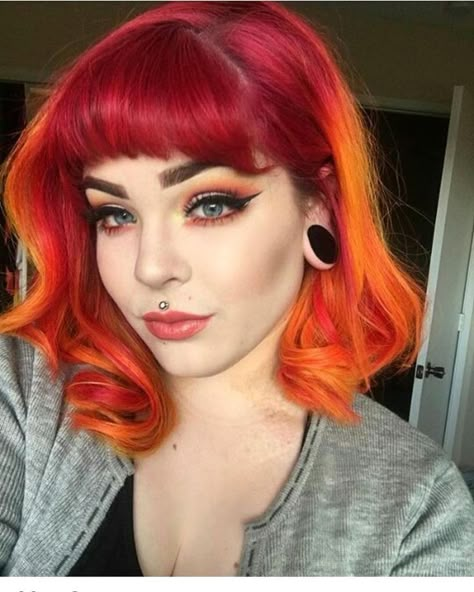 Orange and red hair. Shoulder length hair Red And Orange Hair, Orange Ombre Hair, Sunset Hair Color, Orange Hair Dye, Pink And Orange Hair, Red Orange Hair, Cheveux Oranges, Sunset Hair, Hair Color Crazy