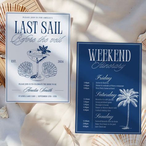 It's her last sail before the veil! 🍸🛳💍 Time to celebrate with this ocean inspired bach social club bachelorette weekend itinerary, for a hens party getaway like no other! This nautical bachelorette party invite set is easy to edit, ready for your sailor themed bachelorette party. Planning a sailing bachelorette party weekend for the beach loving bride to be just got easier! With these stunning bach social club themed bachelorette invitation & bachelorette weekend itinerary editable templa... Cruise Themed Bachelorette Party, Maine Bachelorette Party, Hamptons Bachelorette Party Theme, Fort Lauderdale Bachelorette Party, Last Sail Before The Veil Bachelorette, Sailor Bachelorette Party, Sailing Bachelorette Party, Bach Itinerary, Vintage Beach Party