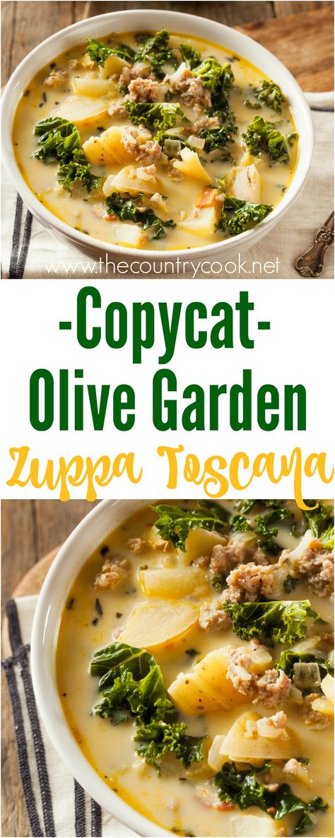 Copycat Olive Garden Zuppa Toscana recipe from The Country Cook. I think it's even better than the one you get at Olive Garden - SO good! Slow Cooker Soup Recipes Easy, Copycat Olive Garden Zuppa Toscana, Copycat Olive Garden Zuppa, Olive Garden Zuppa, Olive Garden Zuppa Toscana, Copycat Olive Garden, Toscana Soup, Beef Soup Recipes, Soup With Ground Beef