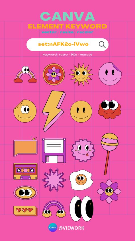 Cute Canva Elements Keyword, Canva Retro Elements, Retro Canva Elements, Retro Illustration Graphics, Canva Sticker Keyword, 90s Elements, Retro Design Ideas, Elemen Canva Keyword, Cute Canva Elements