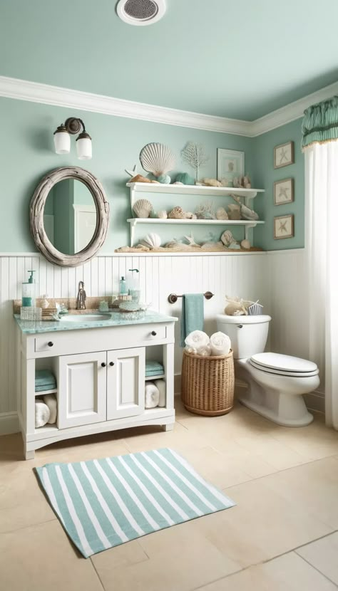 21 Stunning Restroom Decor Ideas to Transform Your Bathroom ✨🛁 Masterbath 2024, Sea Glass Countertop, Hawaii Bathroom, Restroom Decor Ideas, Coastal Bathroom Ideas, Beach Themed Bathroom, Coastal Bathroom Decor, Ocean Bathroom, Glass Countertop