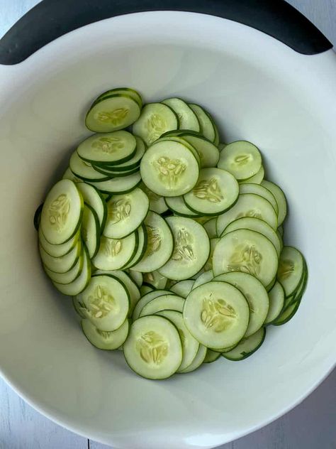 sliced cucumbers in a large mixing bowl Romanian Breakfast, Cucumber Salad Sour Cream, Cucumber Salad With Mayo, Creamed Cucumber Salad, Best Taco Dip, Salads Cucumber, Best Taco Dip Recipe, Amish Broccoli Salad, Cucumber Onion Salad