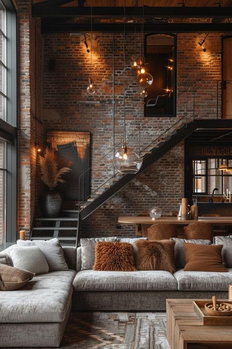 Urban Industrial Living Room Style 1 Living Room Inspiration Industrial, Brick Loft Apartment Decor, Industrial Cozy Living Room, Modern Industrial Interior Design Living Room, Modern Industrial Decor Living Room, Loft Interior Living Room, Industrial Modern Living Room, Cozy Industrial Decor, Cozy Industrial Living Room