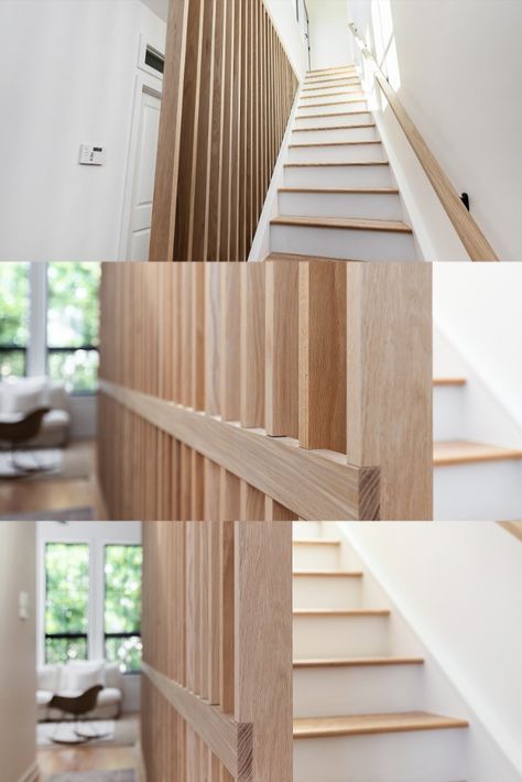 Floor-to-ceiling white oak banisters were added as a design feature, providing clean lines while allowing for air and light flow. White Oak Handrail, Light Oak Staircase, Staircase Detail, Oak Banister, Living Room Staircase, Oak Handrail, Oak Staircase, Stair Banister, Coastal California