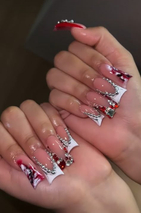 Cute Duck Nails Acrylic Long, Long Curved Duck Nails, Red Duck Nails Short, White Duck Nails Design, Short Red Duck Nails, Winter Duck Nails, Red And Black Duck Nails, Duck Birthday Nails, Red Duck Nails Acrylic