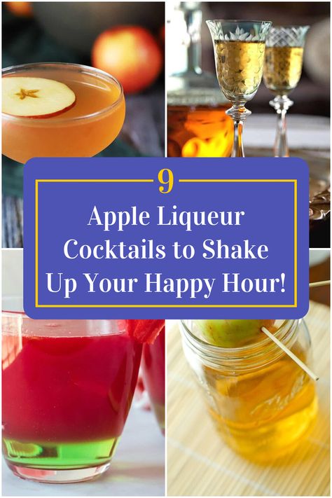 Collage of 4 apple liqueur cocktails. Apple Liquor Drinks, Apple Liqueur Recipes, Spiced Apple Cocktail, Apple Liqueur Cocktails, Vodka Apple Cider Cocktail, Caramel Apple Sucker Cocktail, Sparkling Apple Juice Cocktail, Apple Juice Cocktail Vodka, Apple Cocktail Recipes