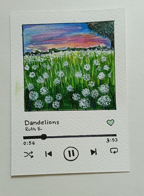 Inspired by tye song Things To Paint Music Related, Drawing Spotify Cover, Painting Song Lyrics On Canvas, Dandelions Song Drawing, Song Illustration Drawings, Drawing Songs Music, Song Cards Aesthetic Diy, Drawing Inspired By Songs, Watercolor Art Music