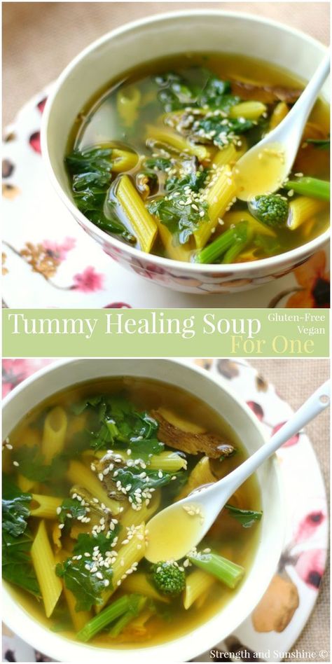 Tummy Healing Soup For One | Strength and Sunshine @RebeccaGF666 Soup for the soul. A gluten-free and vegan tummy healing soup for one full of anti-inflammatory and nourishing ingredients. Turmeric, ginger, veggies, spices, and a bit of pasta to bring you all the love your body needs. @BarillaUS #GlutenFreeBarilla #Pmedia #ad Healing Soup Recipes Vegan, Soup For Nausea, Tummy Healing Soup, Crockpot Gut Healing Soup, Postpartum Healing Soups, Seaweed Soup Postpartum, Gut Healing Soup, 7 Day Cabbage Soup Diet, Healing Soup