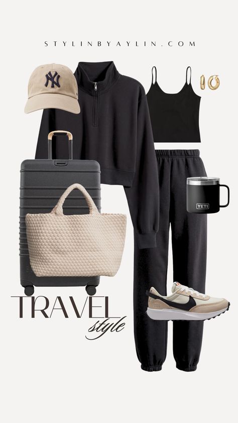 All Black Travel Outfit Airport Style, Cute Comfortable Travel Outfits, Casual Winter To Spring Outfits, Comfortable Traveling Outfits, Cute Travel Outfits Spring, Comfy Casual Outfits Spring, Comfy Chic Aesthetic, European Summer Outfits Paris, Confy Looks To Travel