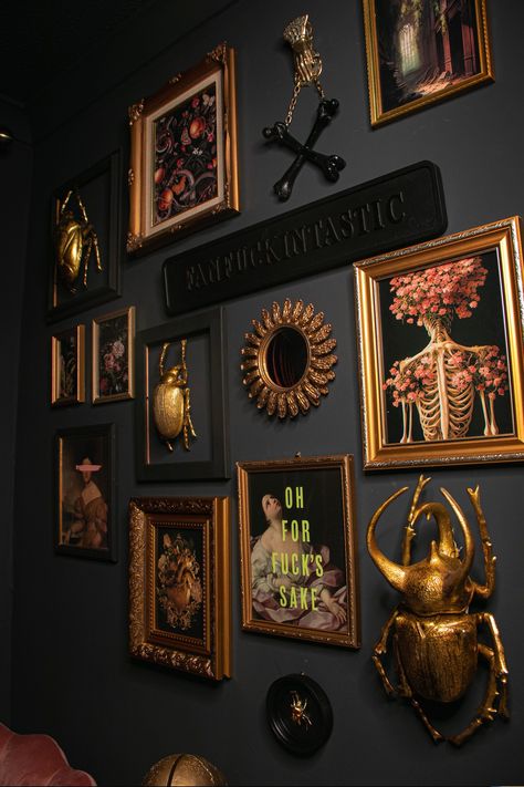 Dark Gallery Wall Ideas, Black And Gold Maximalist, Home Decor Gallery Wall, Ornate Gold Frame Gallery Wall, Quirky Traditional Decor, Art And Mirror Wall, Gold Frame Gallery Wall Vintage, Dark Academia Picture Wall, Black Antique Bedroom